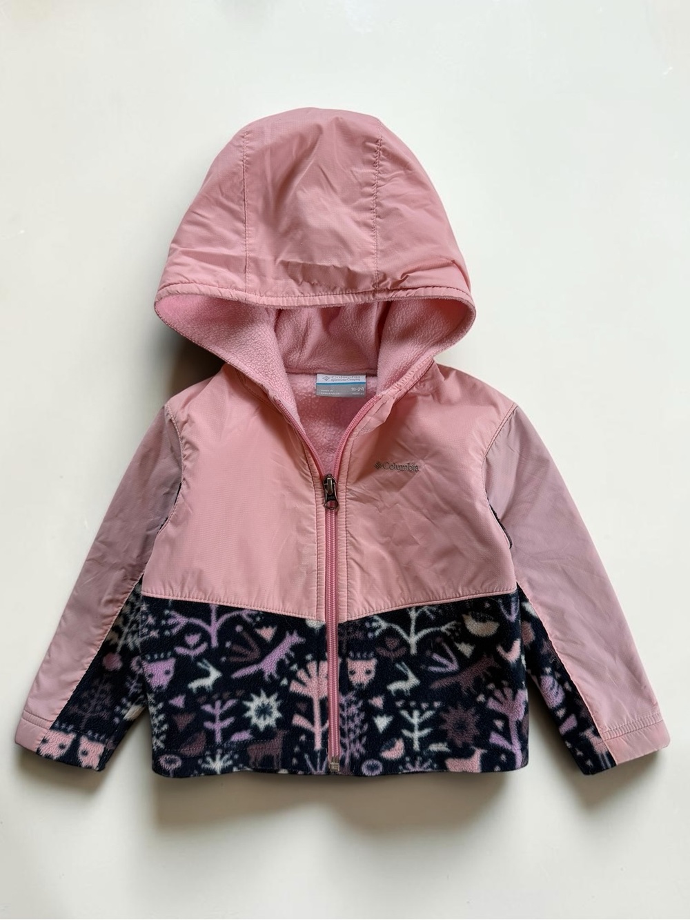 COLUMBIA VGUC Girls Pink Woodland Creature Fleece Colorblock Hooded Jacket